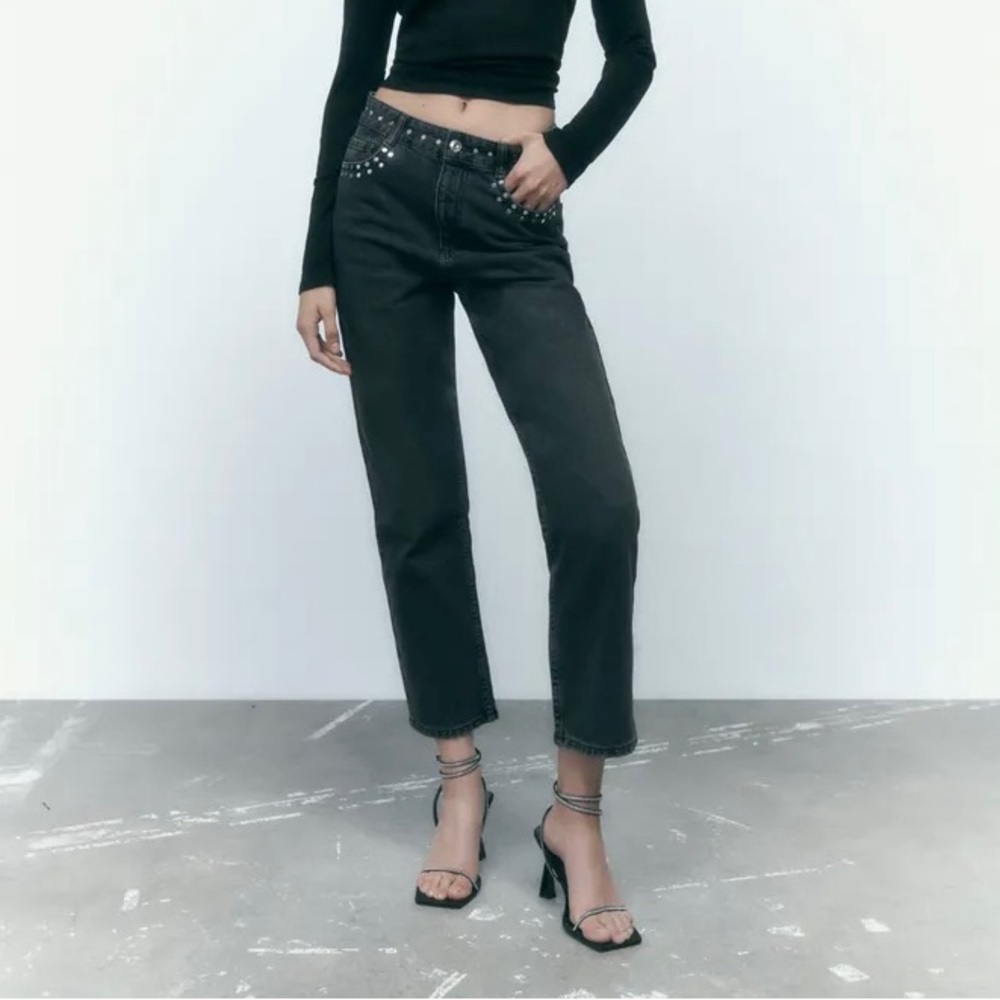 Zara studded high rise black straight jeans
